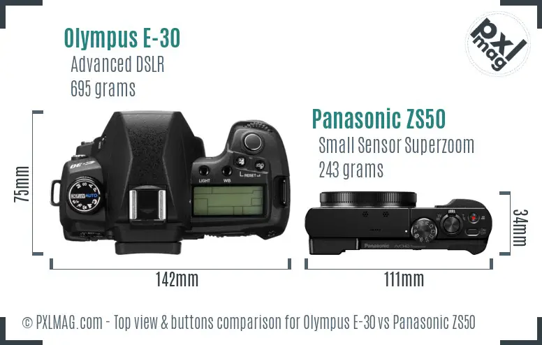 Olympus E-30 vs Panasonic ZS50 top view buttons comparison