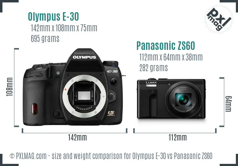 Olympus E-30 vs Panasonic ZS60 size comparison