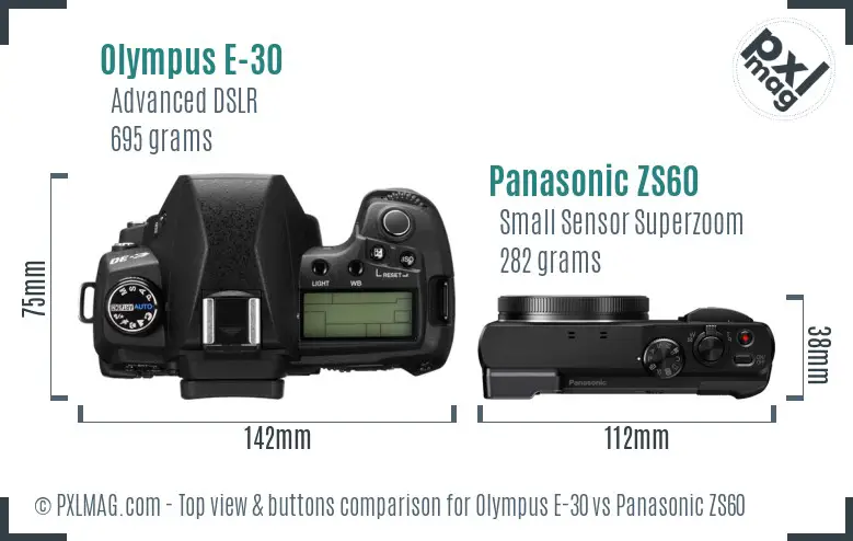 Olympus E-30 vs Panasonic ZS60 top view buttons comparison
