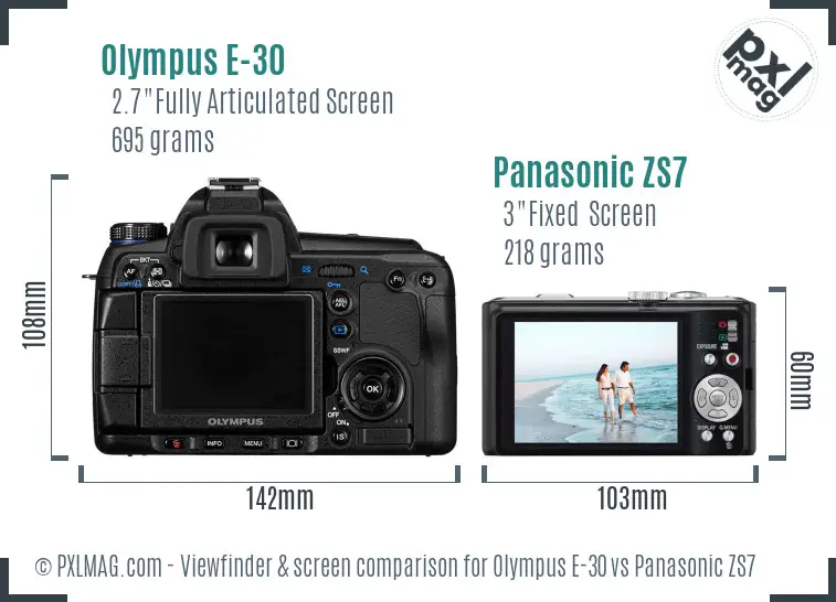 Olympus E-30 vs Panasonic ZS7 Screen and Viewfinder comparison