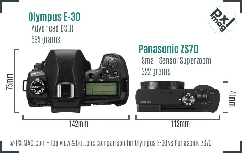 Olympus E-30 vs Panasonic ZS70 top view buttons comparison
