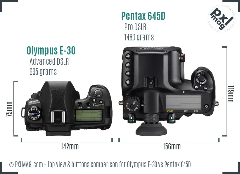 Olympus E-30 vs Pentax 645D top view buttons comparison