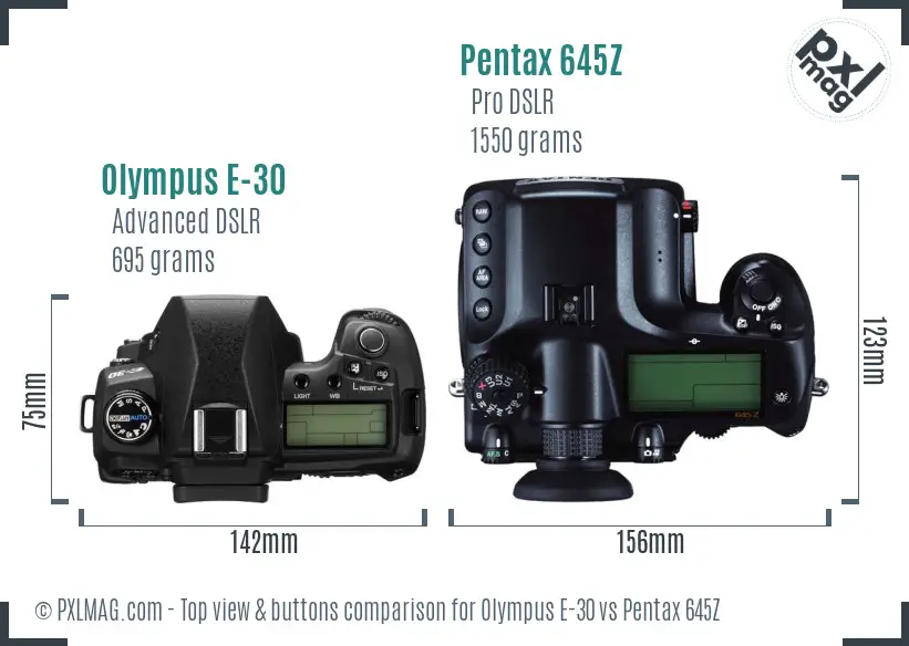 Olympus E-30 vs Pentax 645Z top view buttons comparison