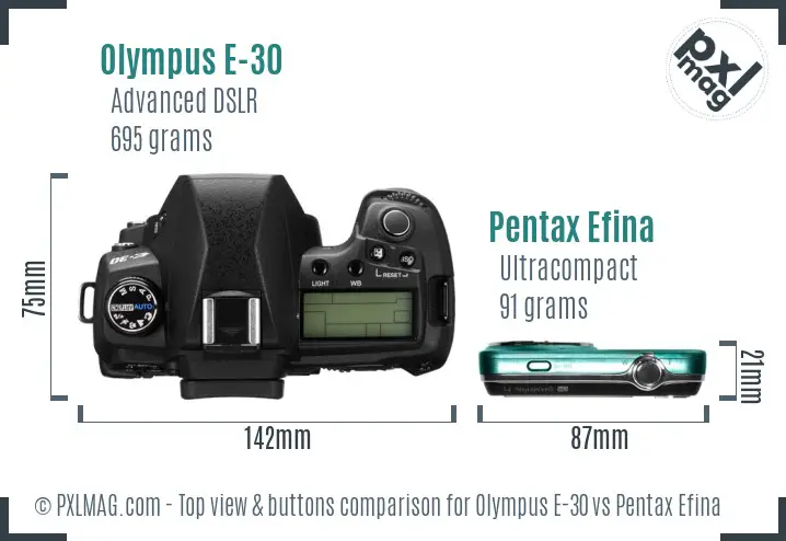 Olympus E-30 vs Pentax Efina top view buttons comparison