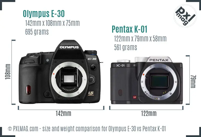 Olympus E-30 vs Pentax K-01 size comparison