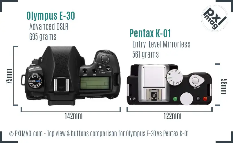 Olympus E-30 vs Pentax K-01 top view buttons comparison