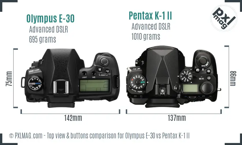 Olympus E-30 vs Pentax K-1 II top view buttons comparison