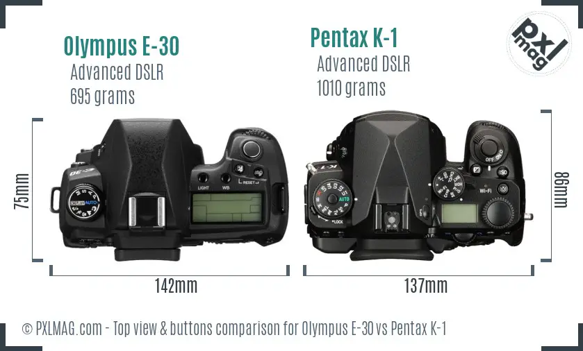 Olympus E-30 vs Pentax K-1 top view buttons comparison