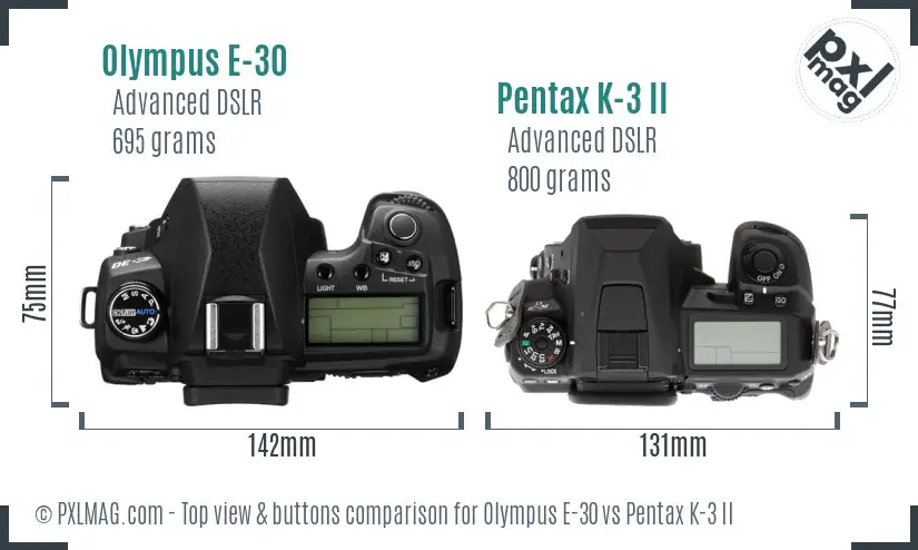 Olympus E-30 vs Pentax K-3 II top view buttons comparison