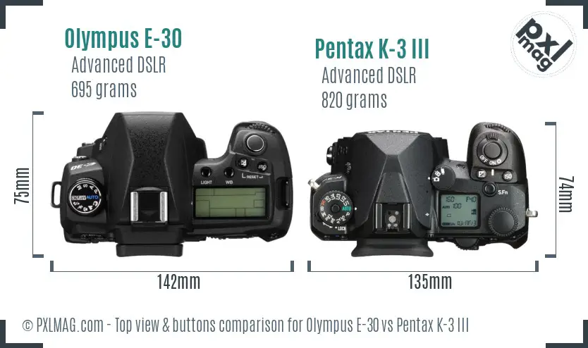 Olympus E-30 vs Pentax K-3 III top view buttons comparison