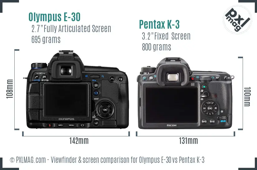 Olympus E-30 vs Pentax K-3 Screen and Viewfinder comparison