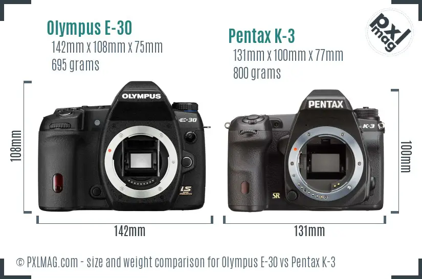 Olympus E-30 vs Pentax K-3 size comparison