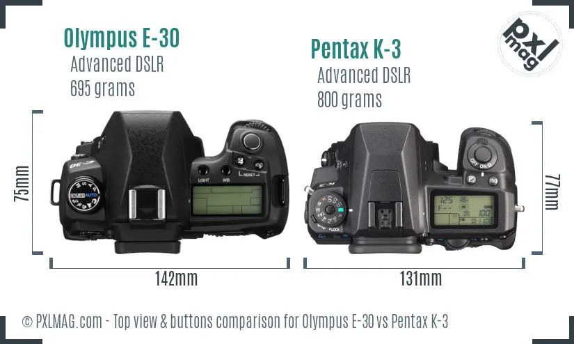 Olympus E-30 vs Pentax K-3 top view buttons comparison