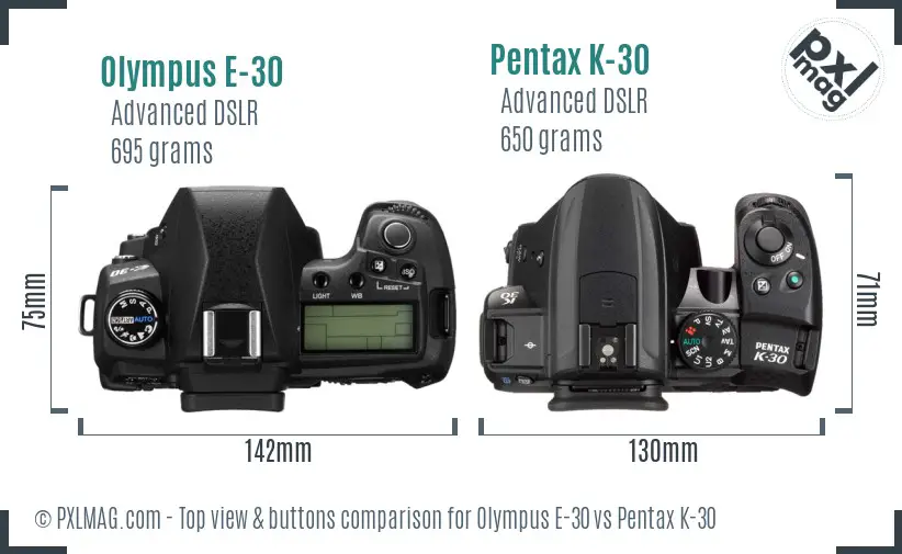 Olympus E-30 vs Pentax K-30 top view buttons comparison