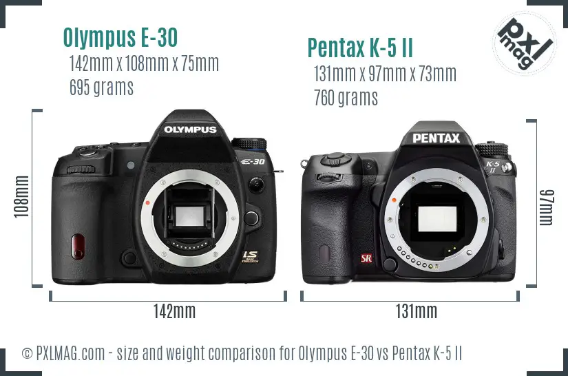 Olympus E-30 vs Pentax K-5 II size comparison