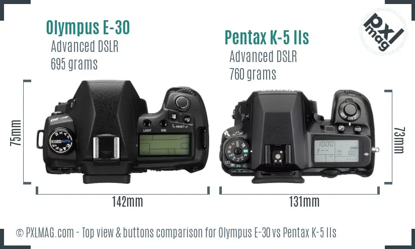 Olympus E-30 vs Pentax K-5 IIs top view buttons comparison