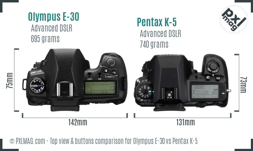 Olympus E-30 vs Pentax K-5 top view buttons comparison