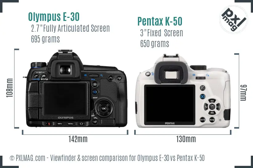 Olympus E-30 vs Pentax K-50 Screen and Viewfinder comparison