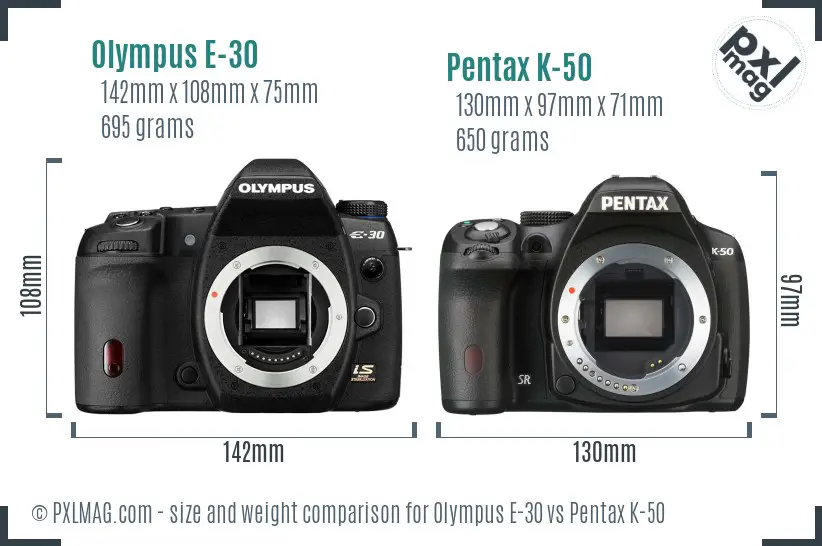 Olympus E-30 vs Pentax K-50 size comparison