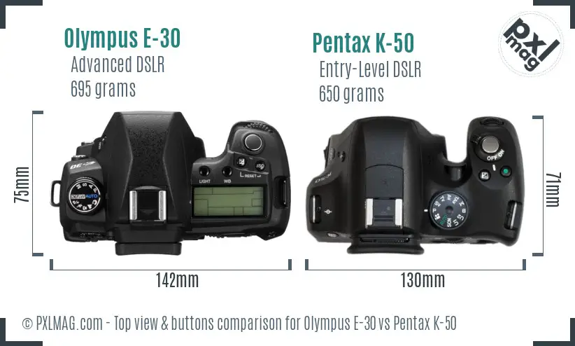 Olympus E-30 vs Pentax K-50 top view buttons comparison