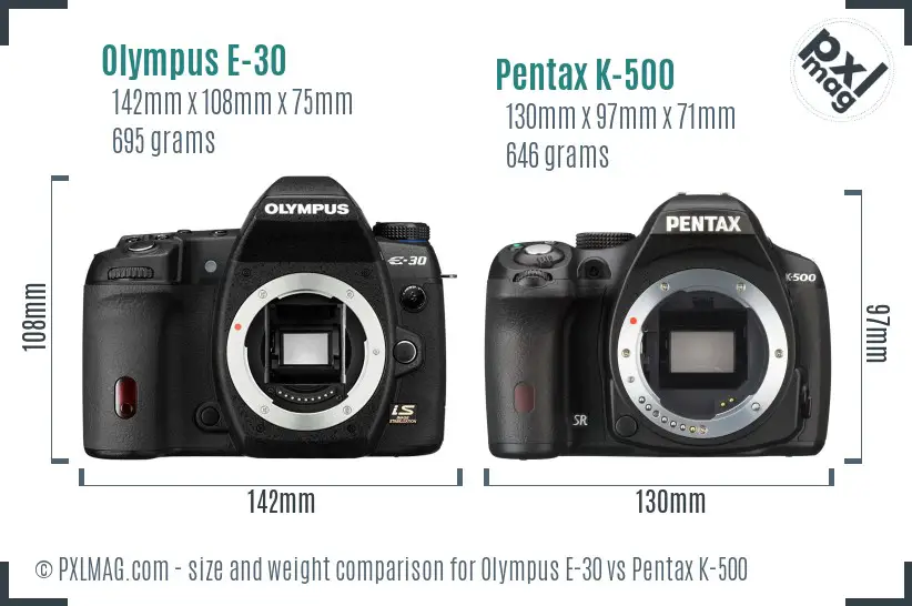 Olympus E-30 vs Pentax K-500 size comparison