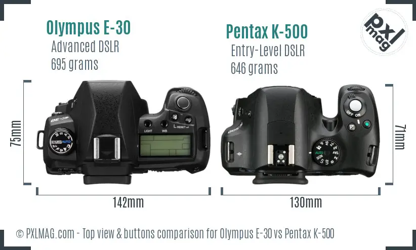 Olympus E-30 vs Pentax K-500 top view buttons comparison