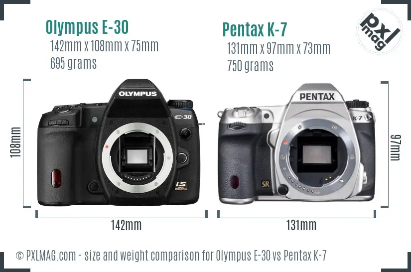 Olympus E-30 vs Pentax K-7 size comparison
