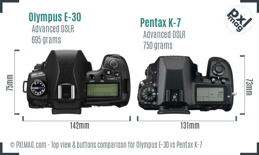 Olympus E-30 vs Pentax K-7 top view buttons comparison