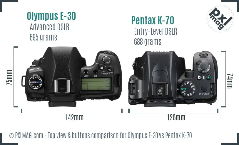 Olympus E-30 vs Pentax K-70 top view buttons comparison