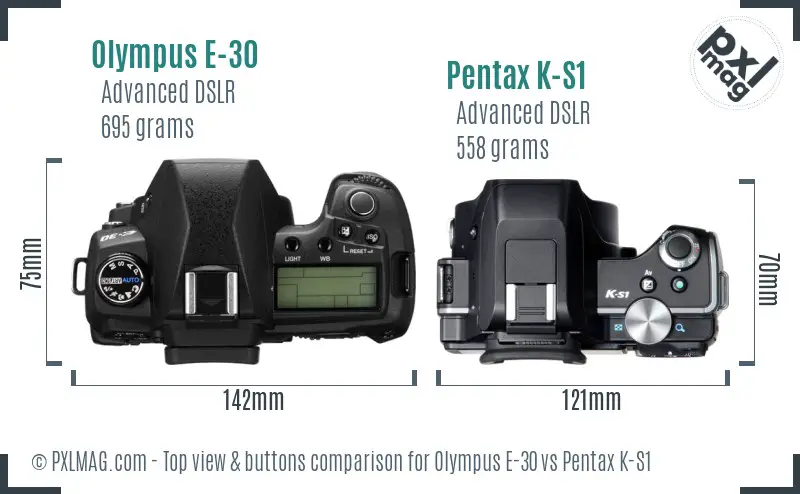 Olympus E-30 vs Pentax K-S1 top view buttons comparison