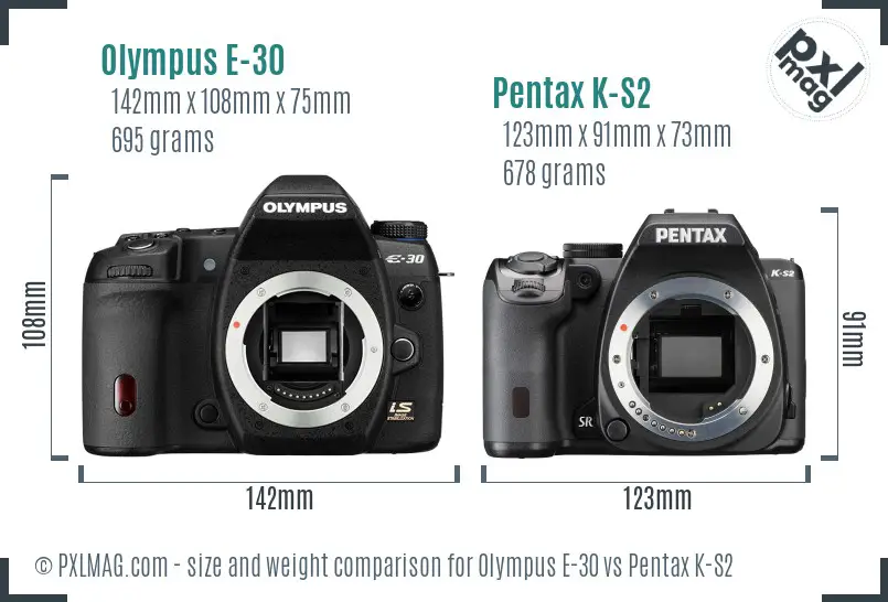 Olympus E-30 vs Pentax K-S2 size comparison