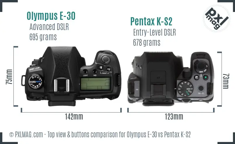 Olympus E-30 vs Pentax K-S2 top view buttons comparison