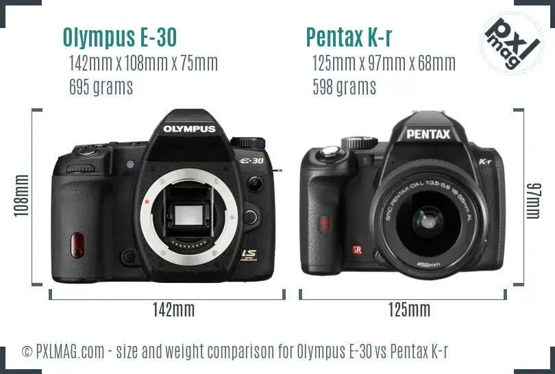 Olympus E-30 vs Pentax K-r size comparison