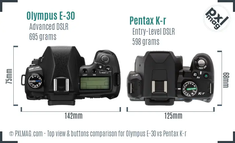 Olympus E-30 vs Pentax K-r top view buttons comparison