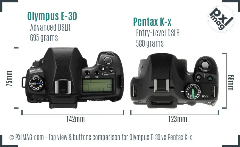 Olympus E-30 vs Pentax K-x top view buttons comparison