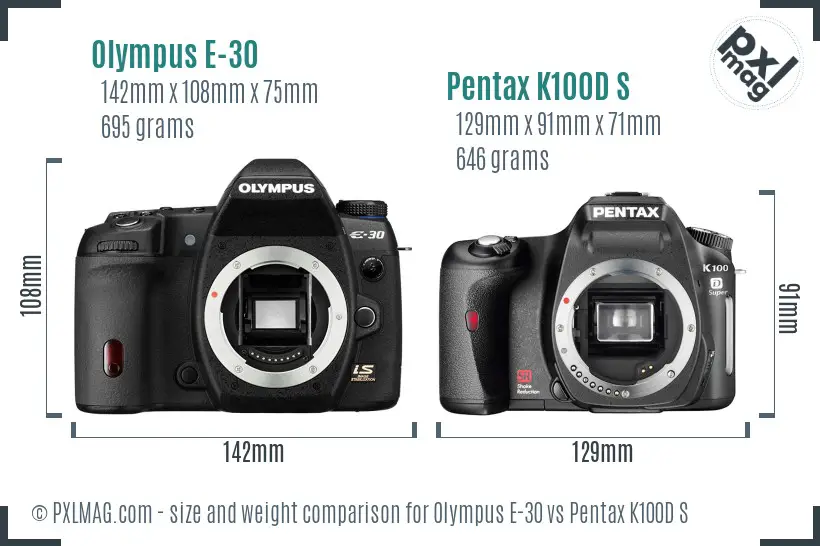 Olympus E-30 vs Pentax K100D S size comparison