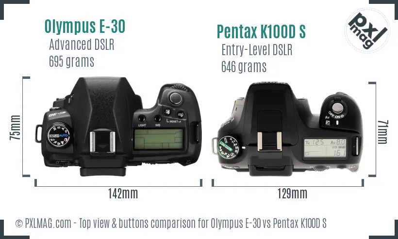 Olympus E-30 vs Pentax K100D S top view buttons comparison