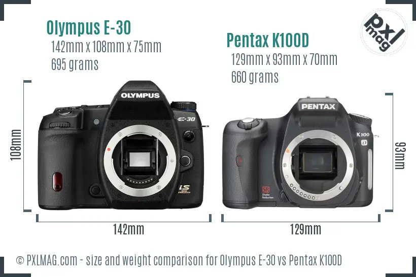 Olympus E-30 vs Pentax K100D size comparison