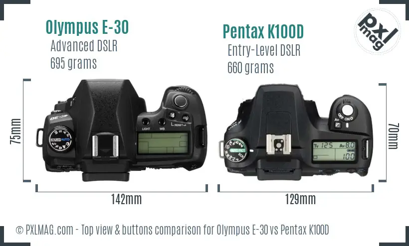 Olympus E-30 vs Pentax K100D top view buttons comparison