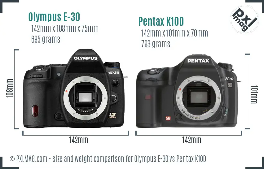 Olympus E-30 vs Pentax K10D size comparison