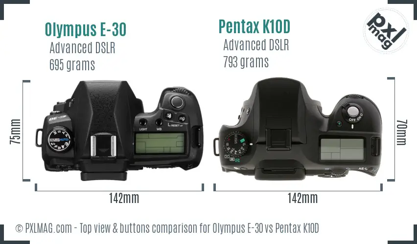 Olympus E-30 vs Pentax K10D top view buttons comparison