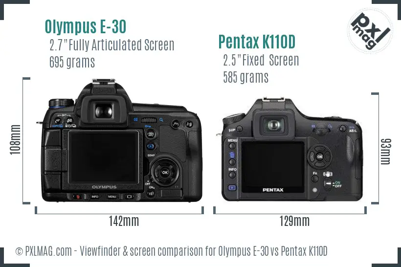Olympus E-30 vs Pentax K110D Screen and Viewfinder comparison