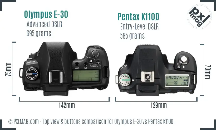 Olympus E-30 vs Pentax K110D top view buttons comparison