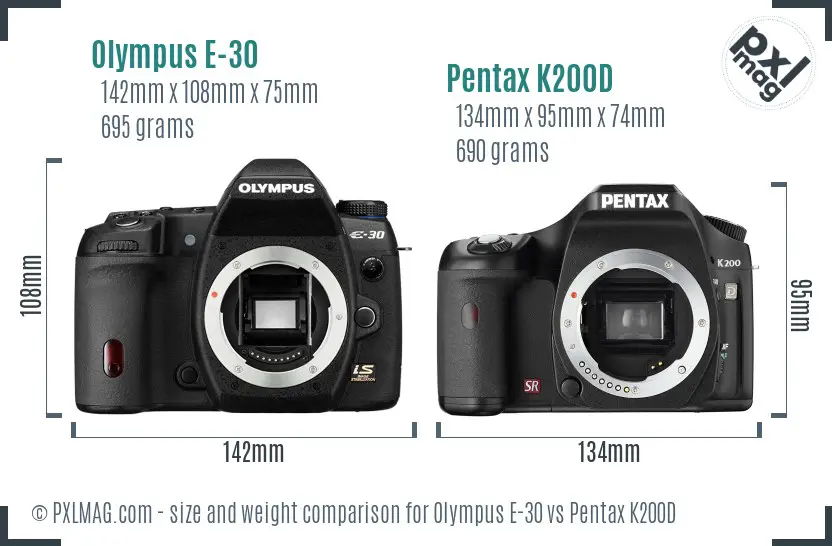 Olympus E-30 vs Pentax K200D size comparison