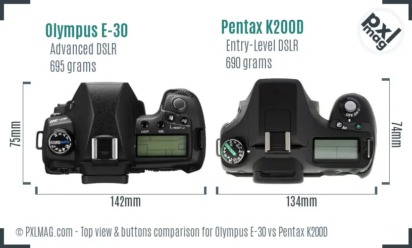 Olympus E-30 vs Pentax K200D top view buttons comparison
