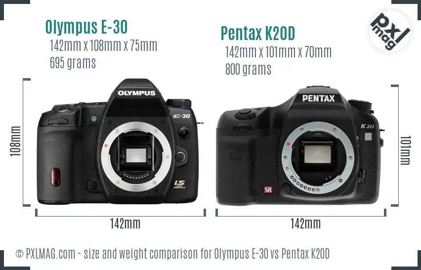 Olympus E-30 vs Pentax K20D size comparison