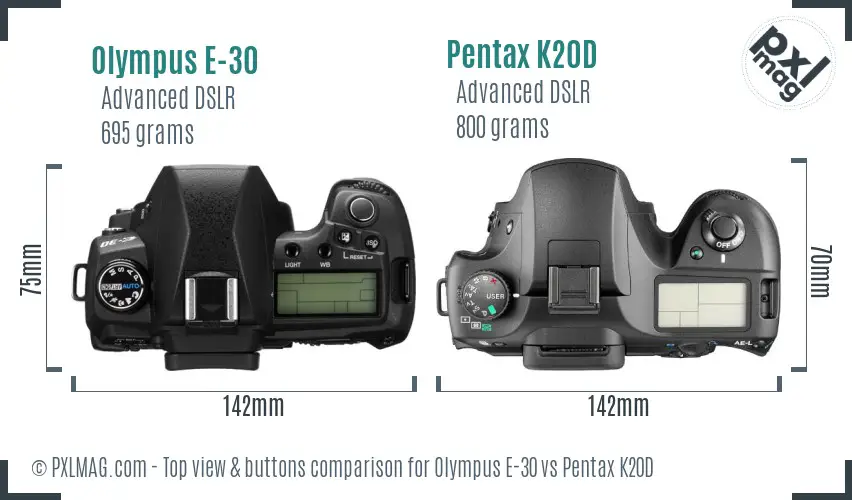 Olympus E-30 vs Pentax K20D top view buttons comparison
