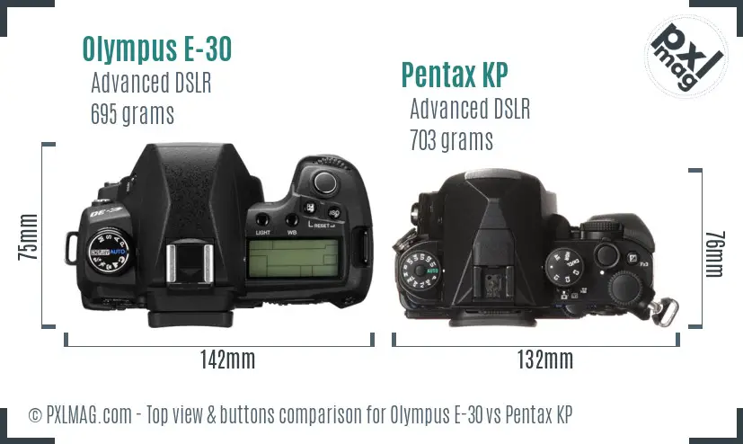 Olympus E-30 vs Pentax KP top view buttons comparison