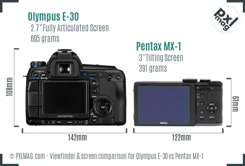 Olympus E-30 vs Pentax MX-1 Screen and Viewfinder comparison