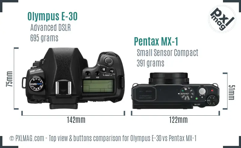 Olympus E-30 vs Pentax MX-1 top view buttons comparison